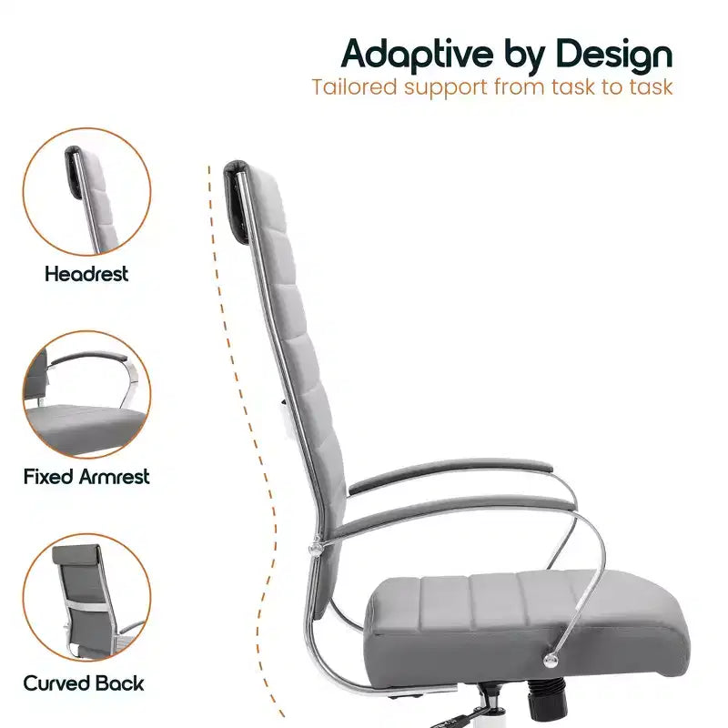 Silla de oficina de piel de respaldo alto acanalado Benmar - Silla ejecutiva moderna giratoria e inclinable para escritorio - Base cromada