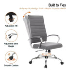 Silla de oficina de piel de respaldo alto acanalado Benmar - Silla ejecutiva moderna giratoria e inclinable para escritorio - Base cromada
