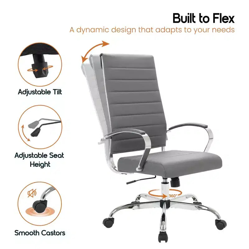 Silla de oficina de piel de respaldo alto acanalado Benmar - Silla ejecutiva moderna giratoria e inclinable para escritorio - Base cromada