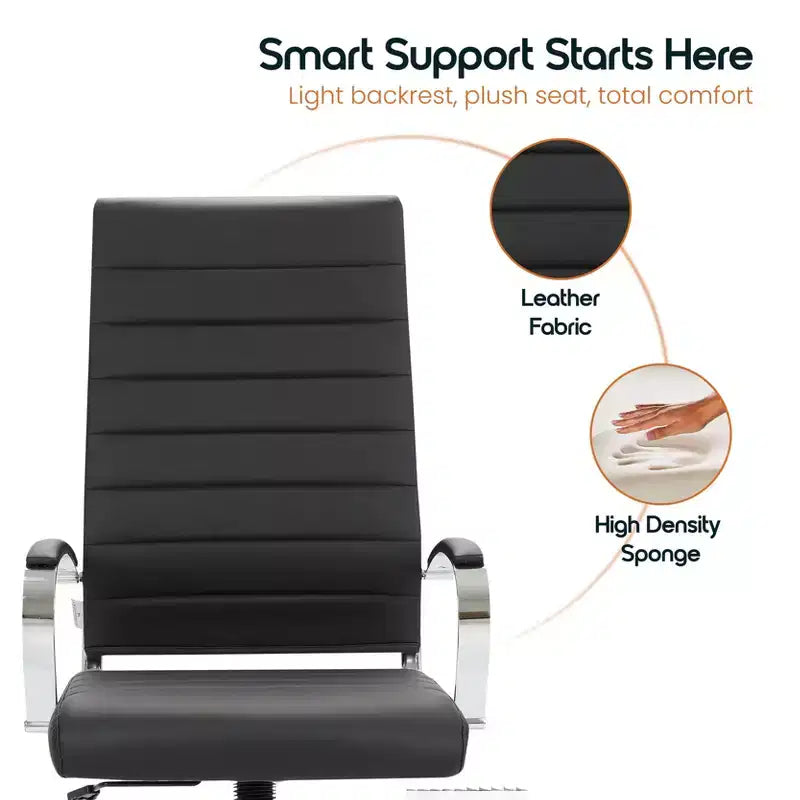 Silla de oficina de piel de respaldo alto acanalado Benmar - Silla ejecutiva moderna giratoria e inclinable para escritorio - Base cromada