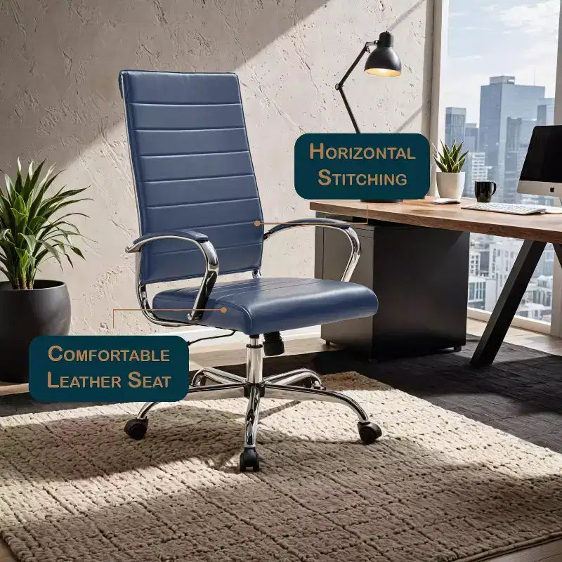 Silla de oficina de piel de respaldo alto acanalado Benmar - Silla ejecutiva moderna giratoria e inclinable para escritorio - Base cromada