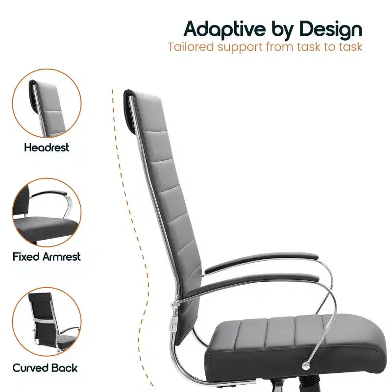 Silla de oficina de piel de respaldo alto acanalado Benmar - Silla ejecutiva moderna giratoria e inclinable para escritorio - Base cromada