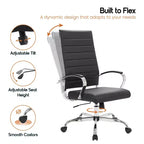 Silla de oficina de piel de respaldo alto acanalado Benmar - Silla ejecutiva moderna giratoria e inclinable para escritorio - Base cromada