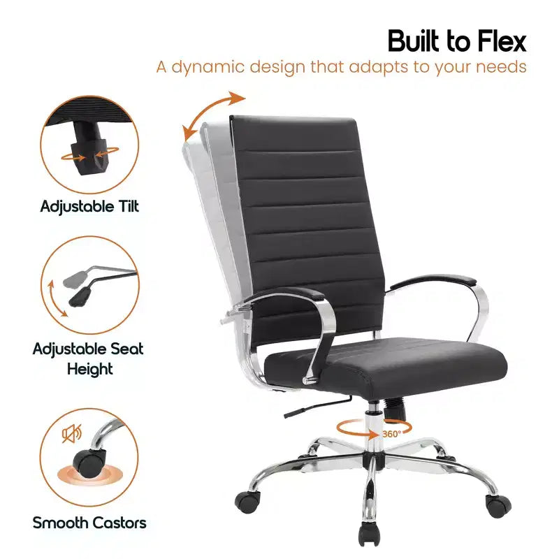 Silla de oficina de piel de respaldo alto acanalado Benmar - Silla ejecutiva moderna giratoria e inclinable para escritorio - Base cromada