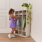 Perchero de 3 secciones Streamline con compartimentos de almacenamiento, muebles para aulas