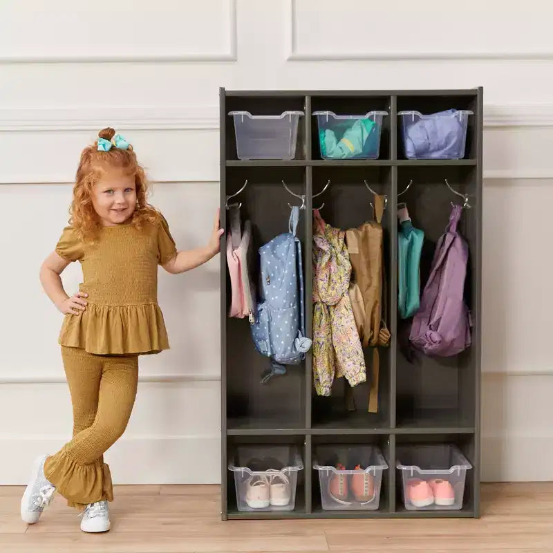 Perchero de 3 secciones Streamline con compartimentos de almacenamiento, muebles para aulas