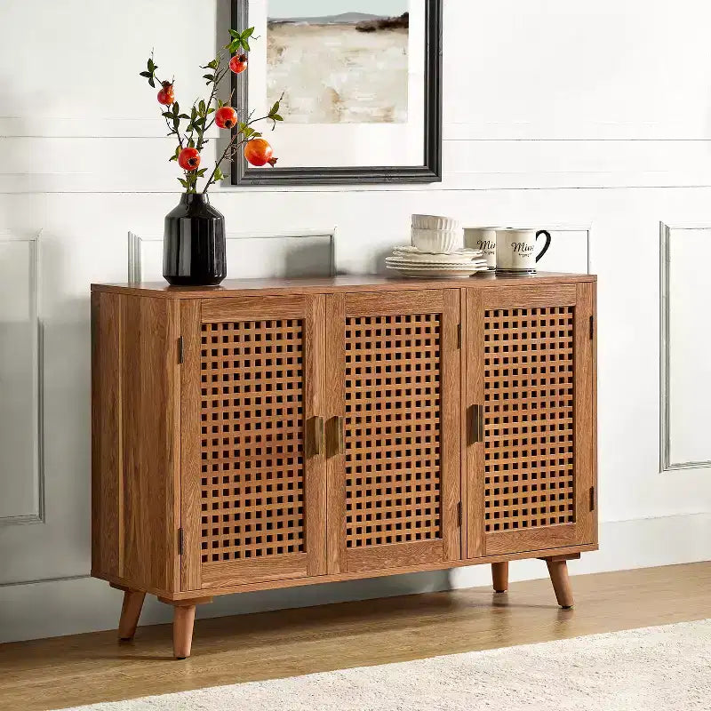 Alexis, mueble auxiliar de 3 puertas con celosía y aparador de almacenamiento