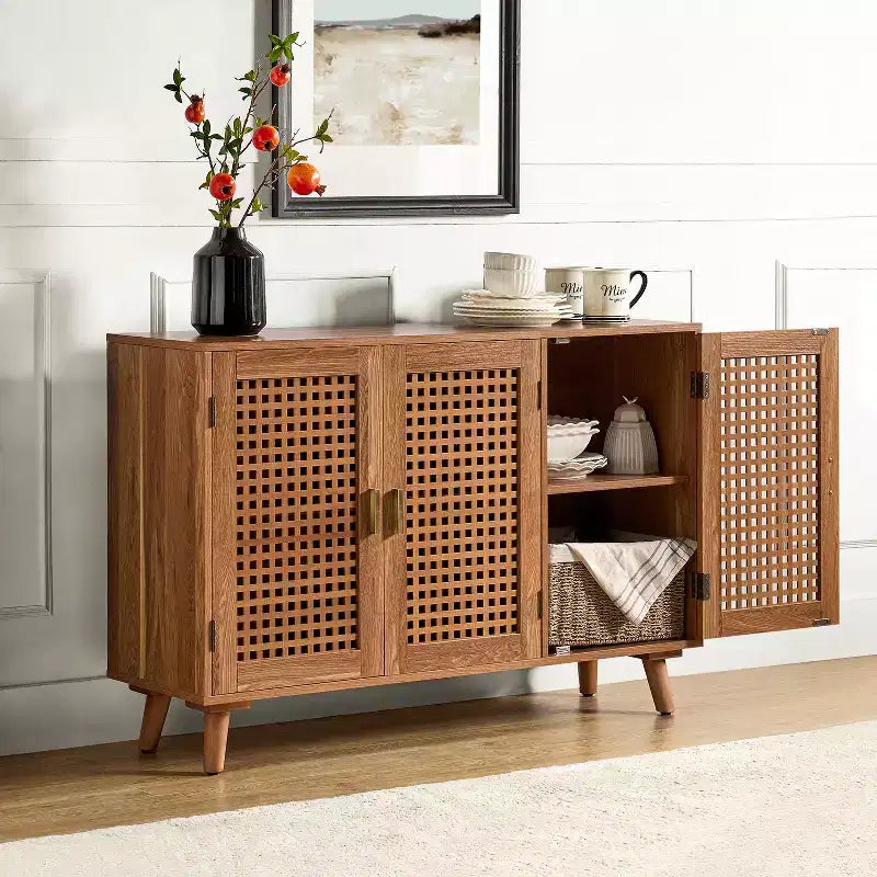 Alexis, mueble auxiliar de 3 puertas con celosía y aparador de almacenamiento